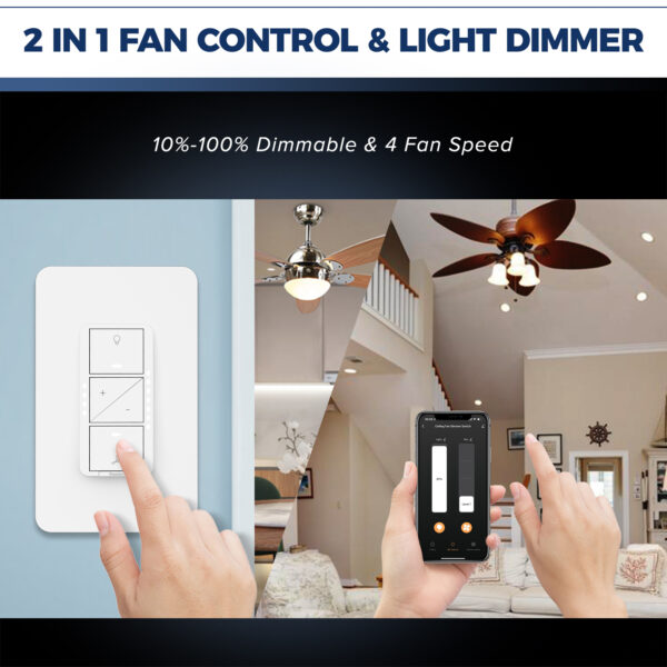 2 in 1 Smart Ceiling Fan Control and Light Dimmer Switch, Neutral Wire